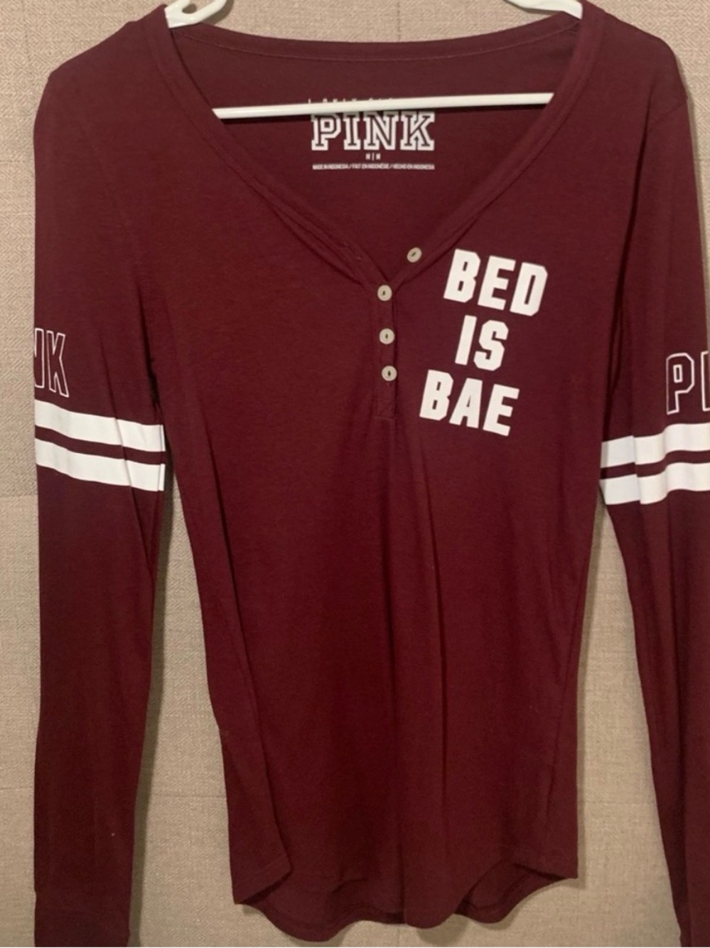 PINK Maroon Henley 'Bed Is Bae' Long Sleeve Top